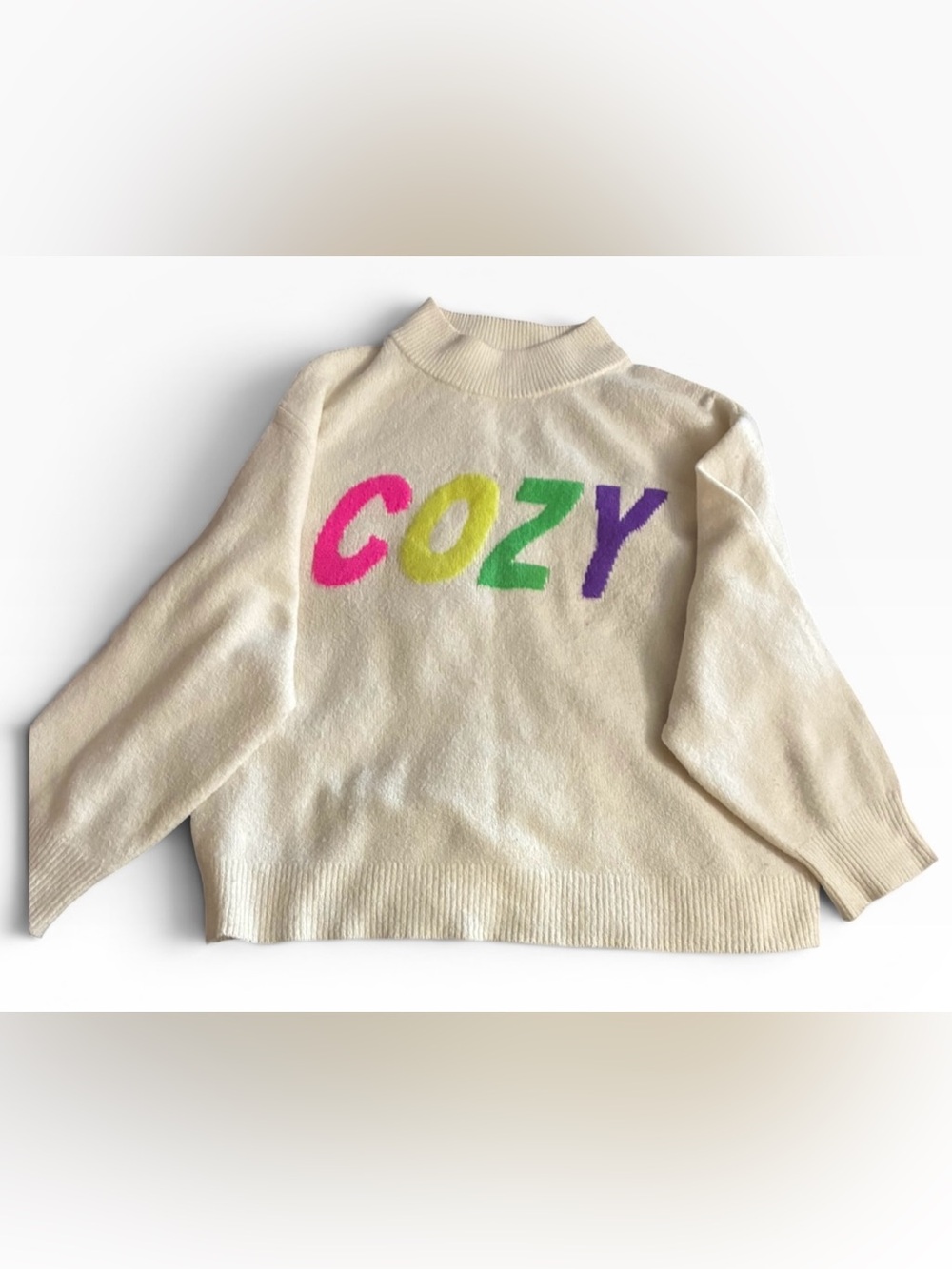 a new day Cream Mock-Neck Sweater with Colorful COZY Graphic